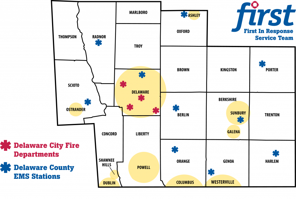 Map of Delaware City Fire Departments and Delaware County EMS stations.
